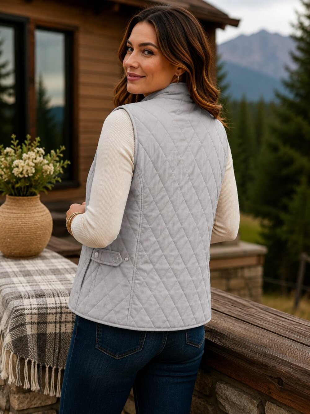 Appleseed’s Petites Lightweight Light Gray Diamond Quilted Zip Vest PL NEW - Picture 7 of 15